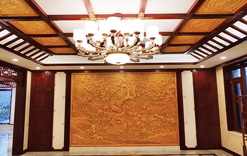 潜山中式别墅客厅中式木作横梁吊顶装饰展示